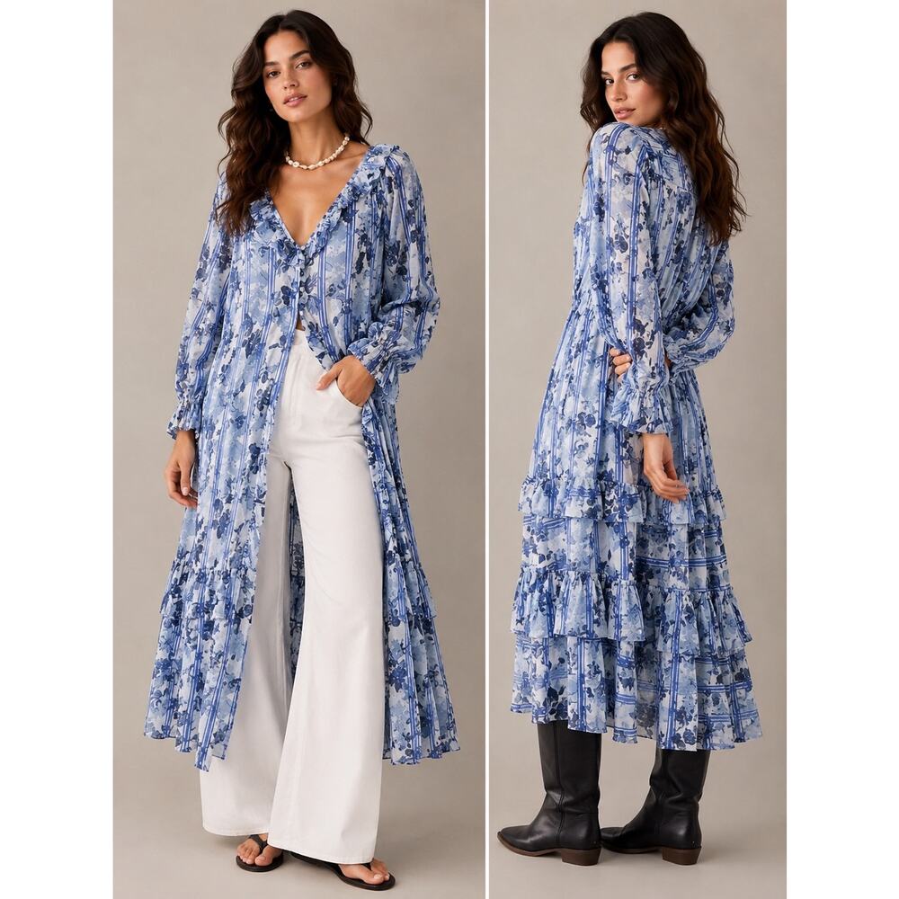 Free People Blue Floral Stripe Maxi Dress Size L Boho Cottagecore NWT $168